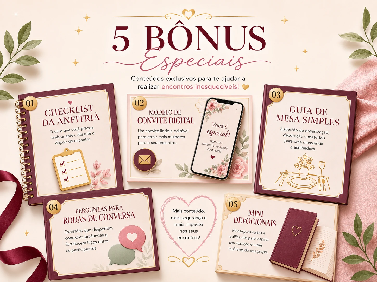 Imagem dos cinco bônus especiais: checklist da anfitriã, convite digital, guia de mesa simples, perguntas para rodas de conversa e mini devocionais