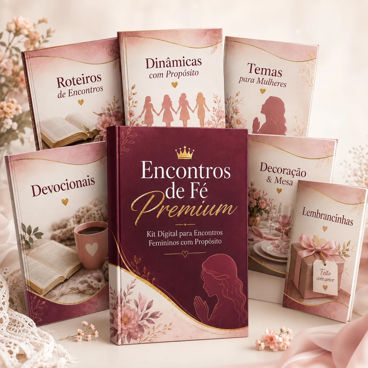 Mockup do kit digital Encontros de Fé Premium com apostilas de roteiros, dinâmicas, temas e devocionais