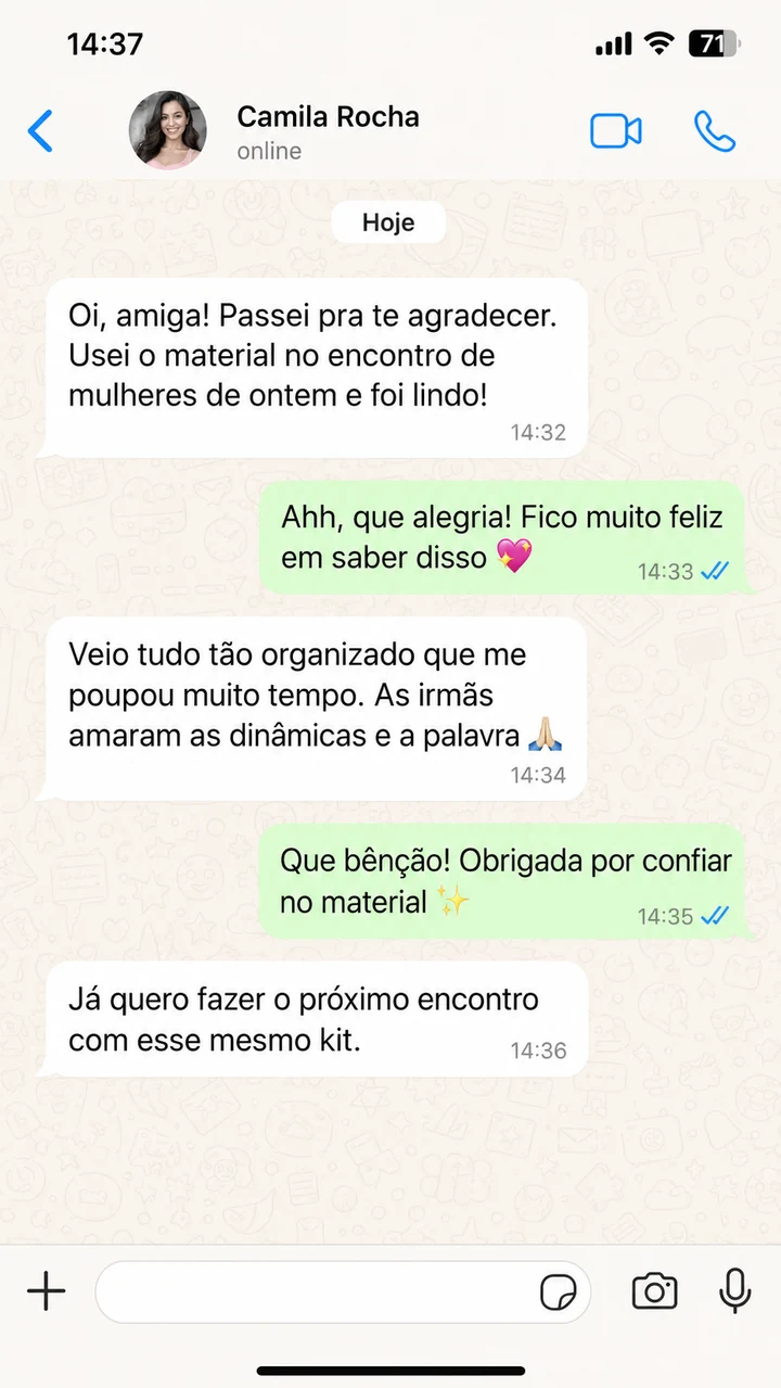 Print de WhatsApp com depoimento sobre o material usado em encontro de mulheres