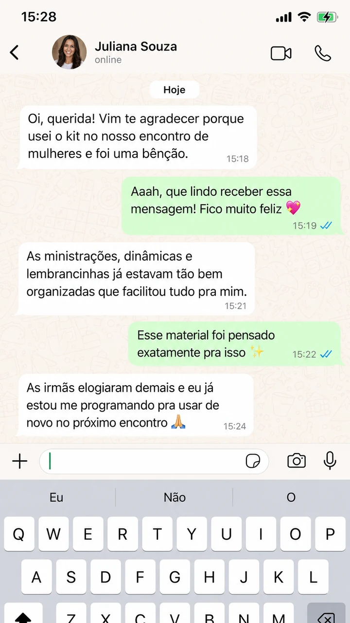 Print de WhatsApp com depoimento sobre ministração, dinâmicas e lembrancinhas